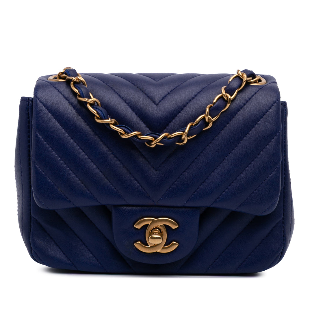 Mini Square Classic Chevron Lambskin Single Flap Blue - Gaby Paris