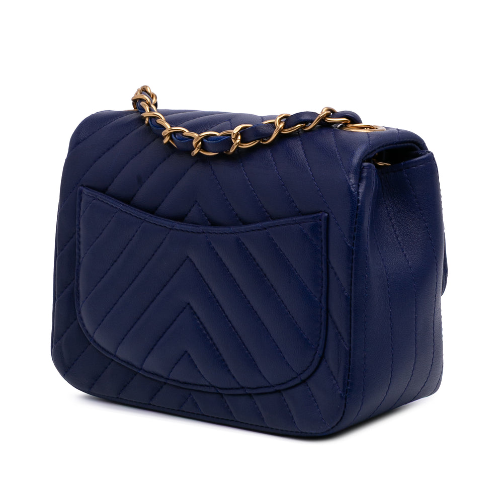 Mini Square Classic Chevron Lambskin Single Flap Blue - Gaby Paris