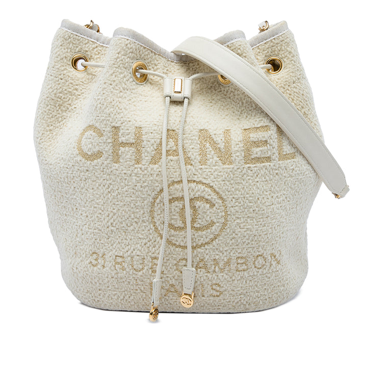 Chanel Deauville Sac à cordon seau Petit Tweed Blanc – vue principale – GABY PARIS