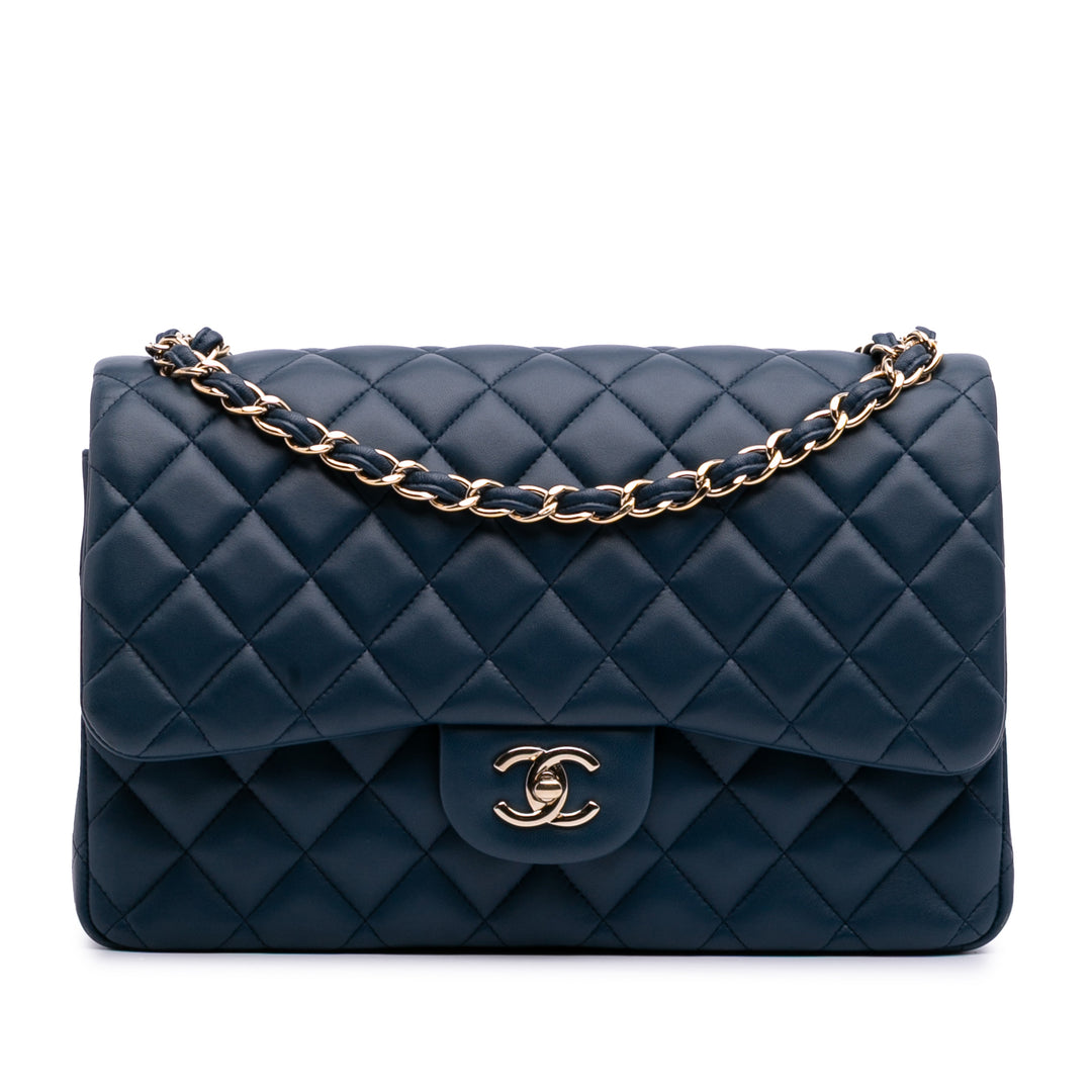 Jumbo Classic Lambskin Double Flap Blue - Gaby Paris