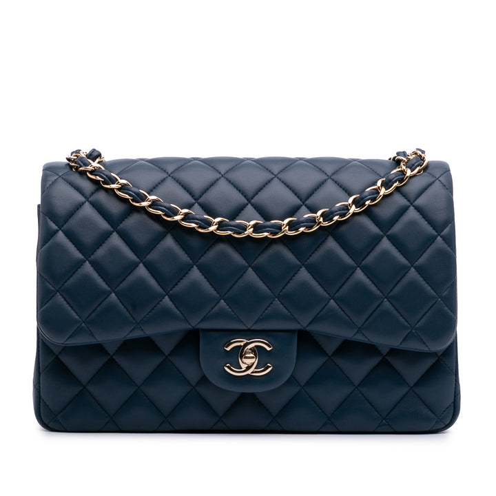 Jumbo Classic Lambskin Double Flap Blue - Gaby Paris