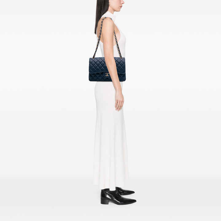 Jumbo Classic Lambskin Double Flap Blue - Gaby Paris