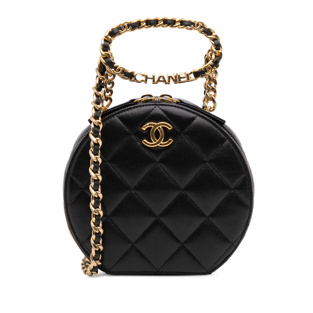 Chanel Quilted Cuir d’agneau Oval Logo Chain Top Handle Round Pochette on Chain Noir – GABY PARIS Authentique