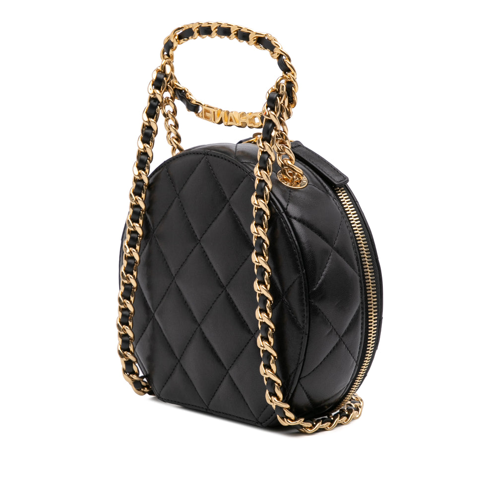 Chanel Quilted Cuir d’agneau Oval Logo Chain Top Handle Round Pochette on Chain Noir – GABY PARIS Authentique