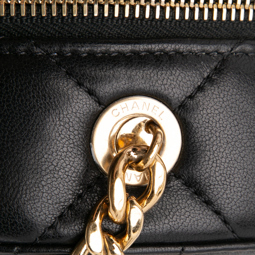 Chanel Quilted Cuir d’agneau Oval Logo Chain Top Handle Round Pochette on Chain Noir – GABY PARIS Authentique