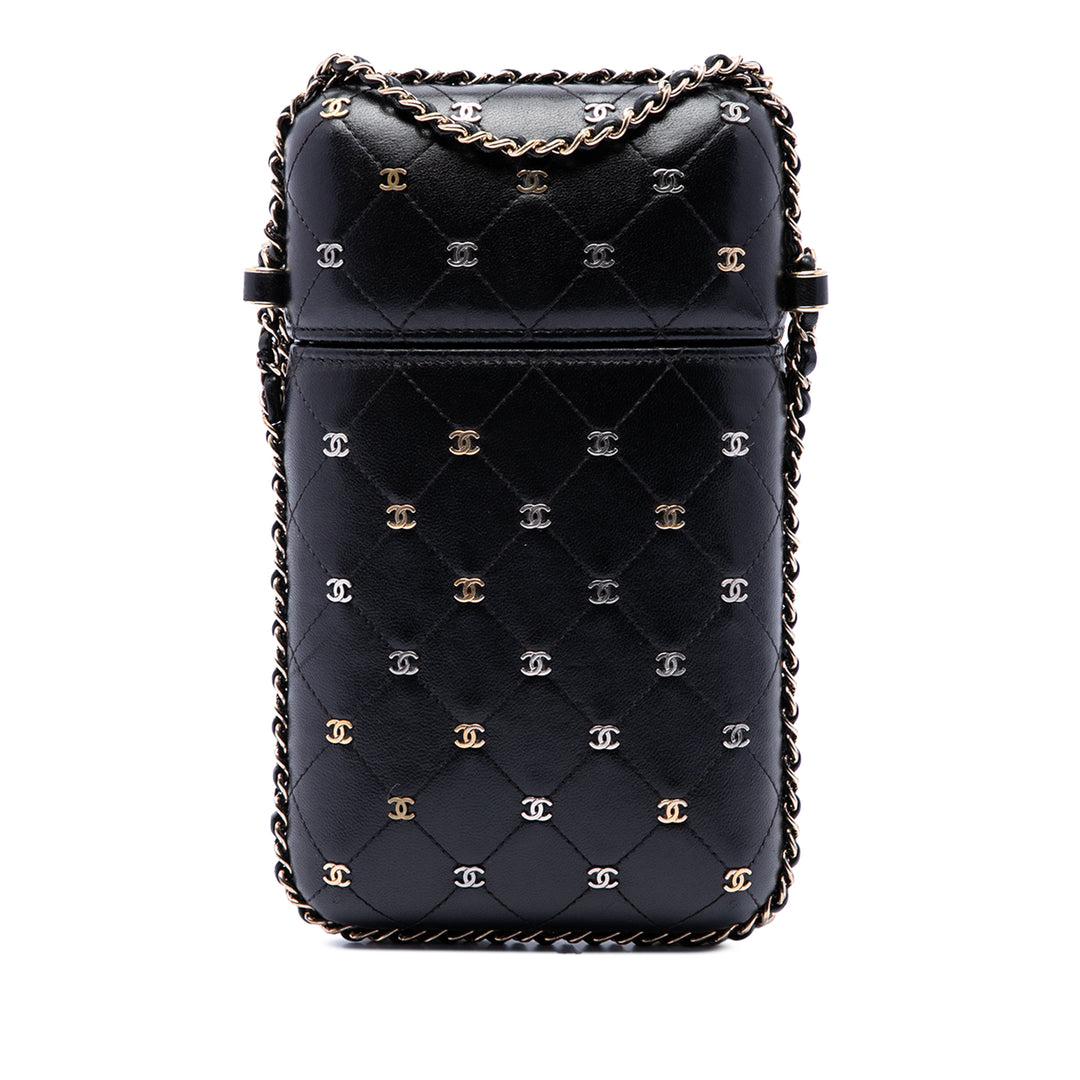 CC Matelassé et clouté Sac rond à chaîne Étui téléphone Cuir d'agneau Noir