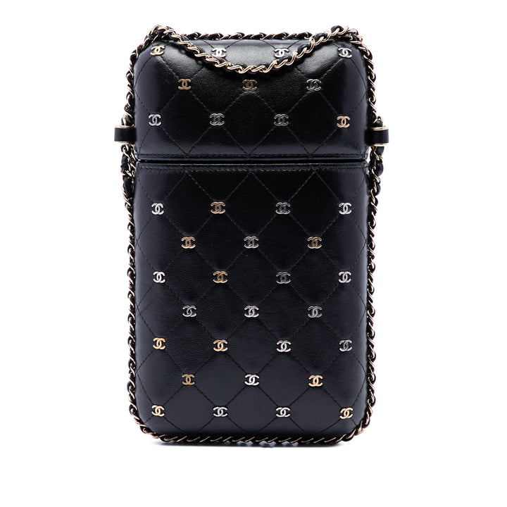 CC Matelassé et clouté Sac rond à chaîne Étui téléphone Cuir d'agneau Noir