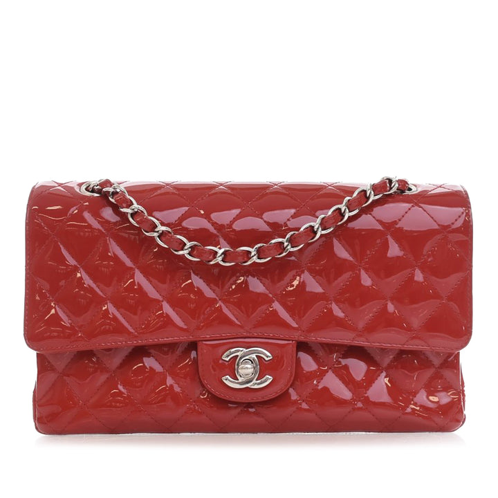 Chanel Medium Classic Cuir verni Double rabat Rouge