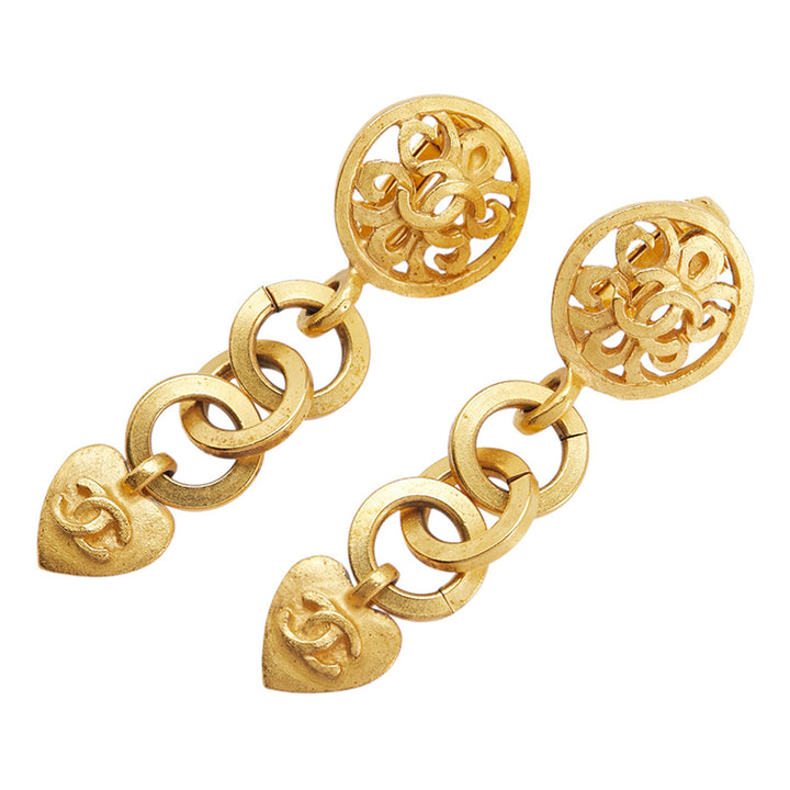 Chanel Doré Plated CC Heart Drop Clip on Boucle d’oreilles Doré