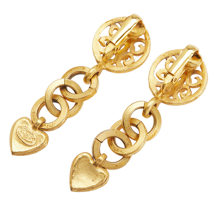 Chanel Doré Plated CC Heart Drop Clip on Boucle d’oreilles Doré