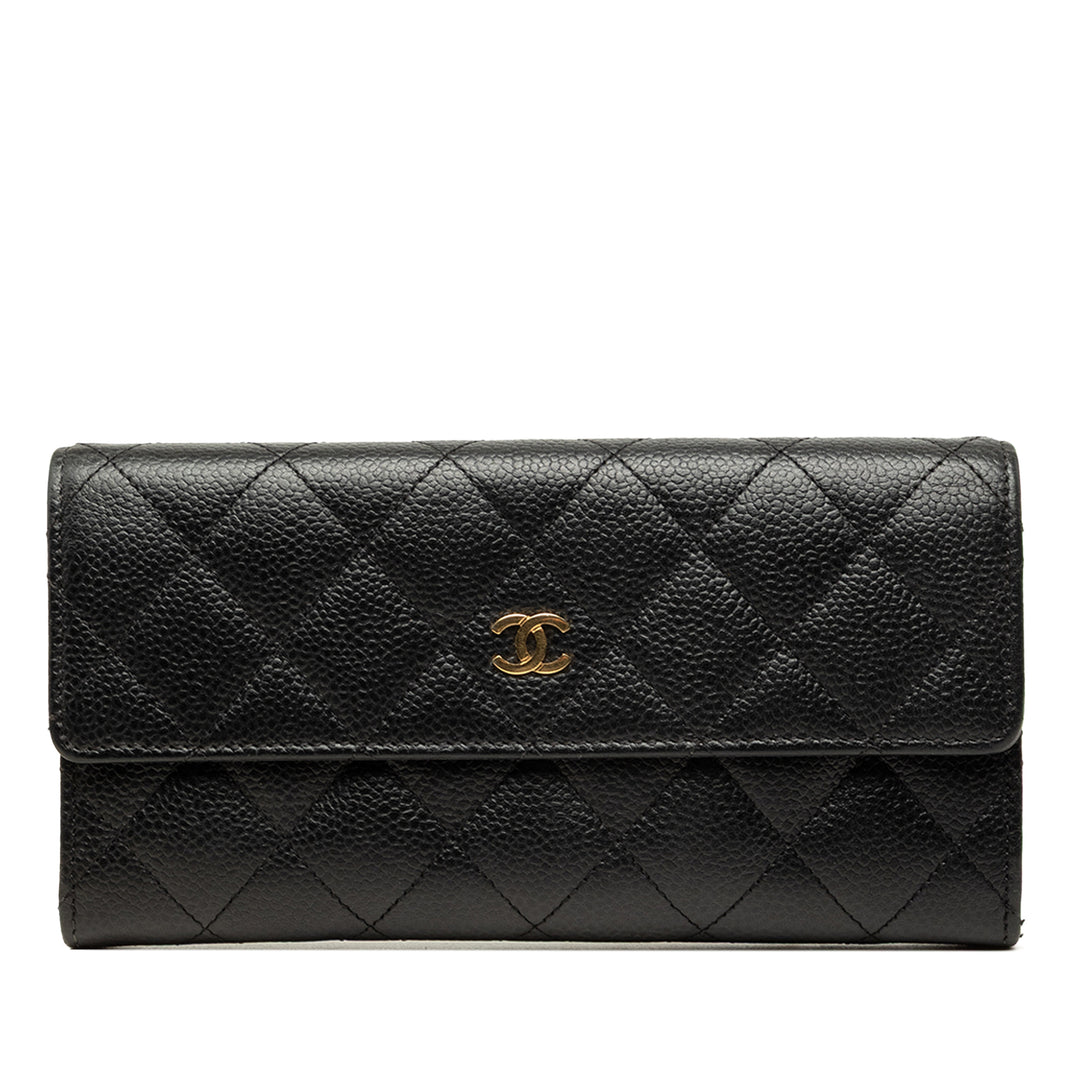 Chanel CC Matelassé à rabat Portefeuille long Cuir caviar Noir