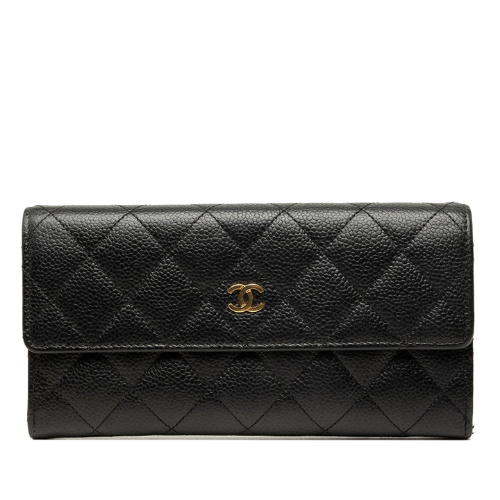 Chanel CC Matelassé à rabat Portefeuille long Cuir caviar Noir