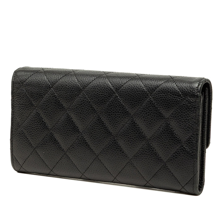 Chanel CC Matelassé à rabat Portefeuille long Cuir caviar Noir