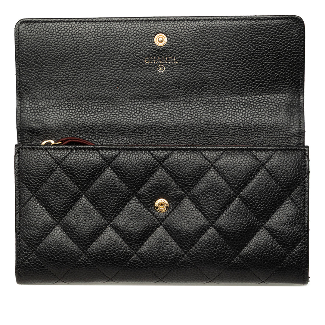 Chanel CC Matelassé à rabat Portefeuille long Cuir caviar Noir