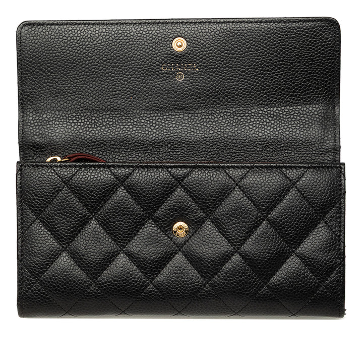 Chanel CC Matelassé à rabat Portefeuille long Cuir caviar Noir