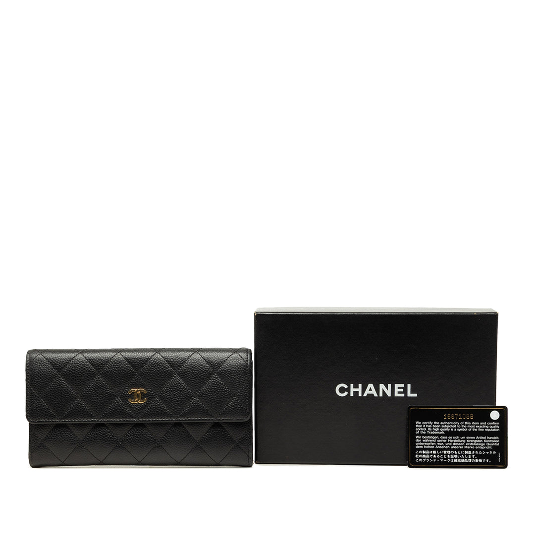 Chanel CC Matelassé à rabat Portefeuille long Cuir caviar Noir