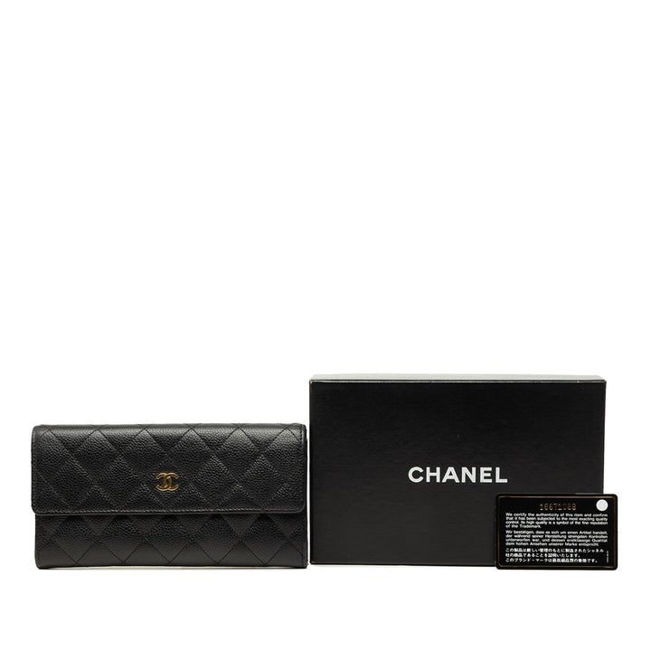 Chanel CC Matelassé à rabat Portefeuille long Cuir caviar Noir