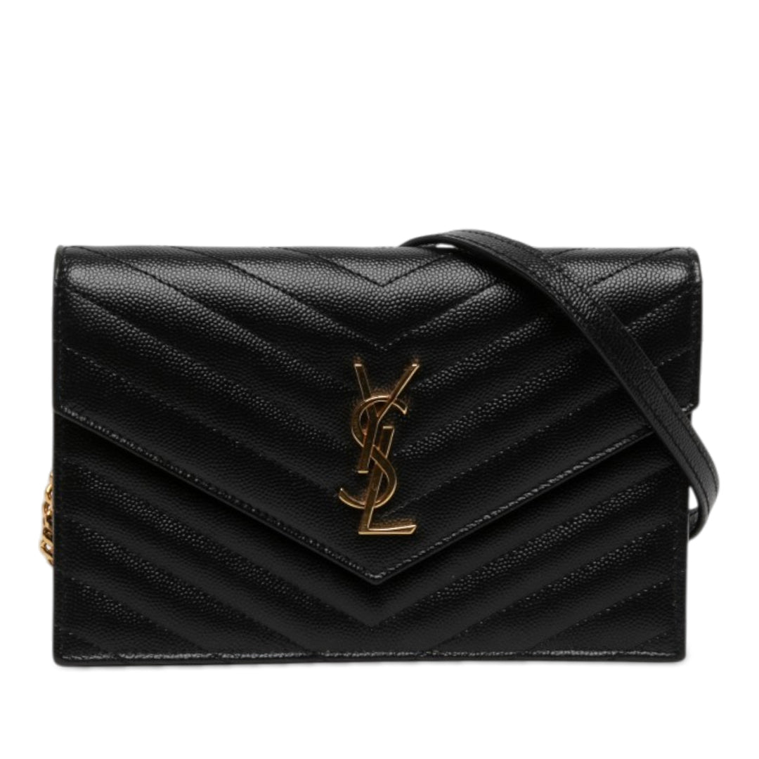Saint Laurent Grain De Poudre Chevron Cassandre Enveloppe Chaîne Portefeuille Noir – vue principale – GABY PARIS