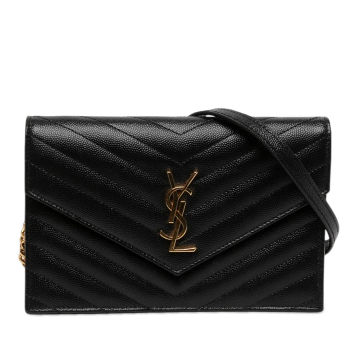 Saint Laurent Grain De Poudre Chevron Cassandre Enveloppe Chaîne Portefeuille Noir – vue principale – GABY PARIS
