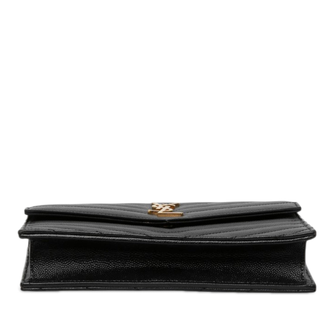Saint Laurent Grain De Poudre Chevron Cassandre Enveloppe Chaîne Portefeuille Noir – vue 3 – GABY PARIS