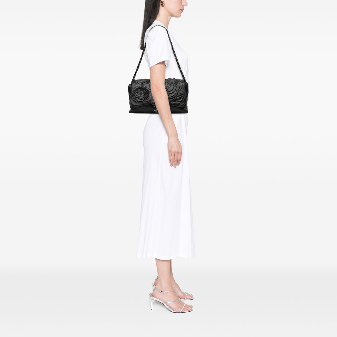 Lambskin and Tweed Camellia Petals Flap Black - Gaby Paris