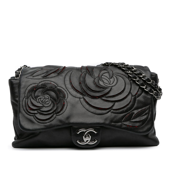 Lambskin and Tweed Camellia Petals Flap Black - Gaby Paris
