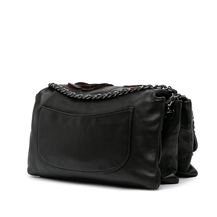 Lambskin and Tweed Camellia Petals Flap Black - Gaby Paris