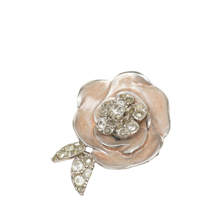 CC Brass Émail Strass Camellia Broche Argenté