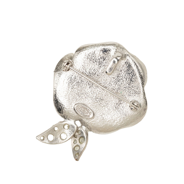 CC Brass Émail Strass Camellia Broche Argenté