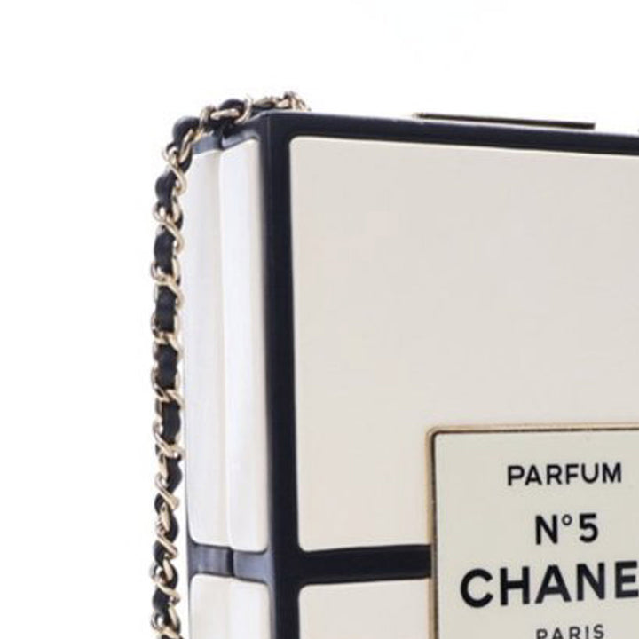 Calfskin Chanel No.5 Perfume Box Evening Clutch White - Gaby Paris