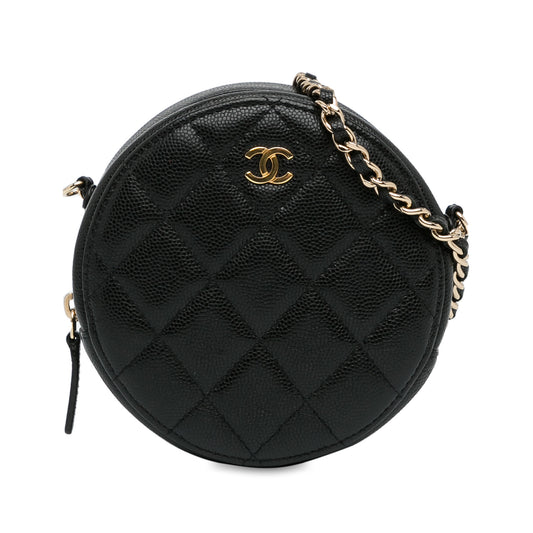 CC Quilted Caviar Round Clutch With Chain Black - Gaby Paris