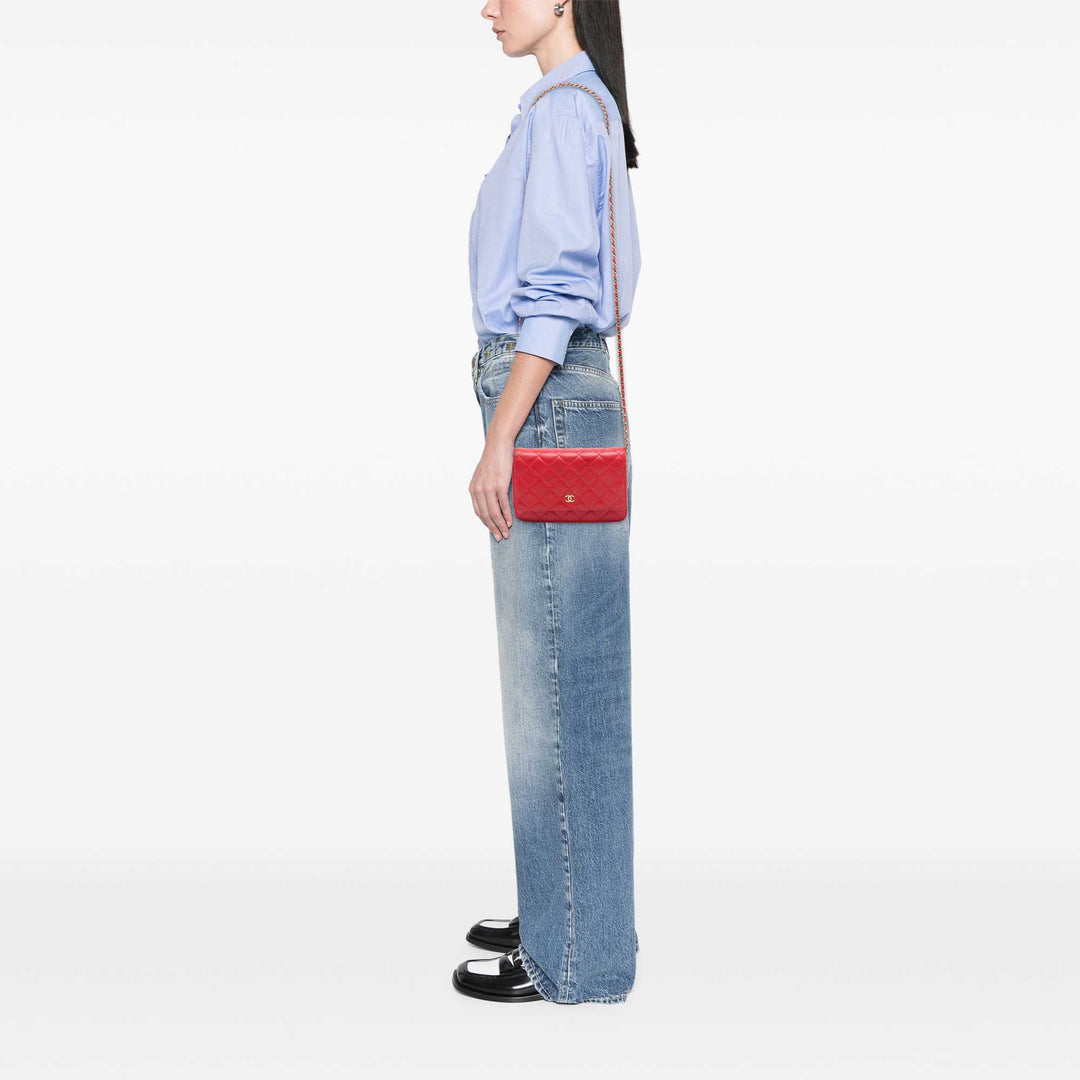 CC Matelassé Wallet on Chain Cuir d'agneau Rouge