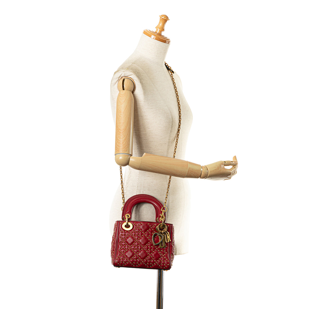 Mini Lambskin Cannage Studded Supple Lady Dior Red - Gaby Paris