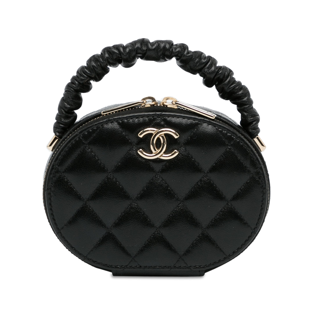 CC Lambskin Ruched Oval Top Handle Bag Black - Gaby Paris