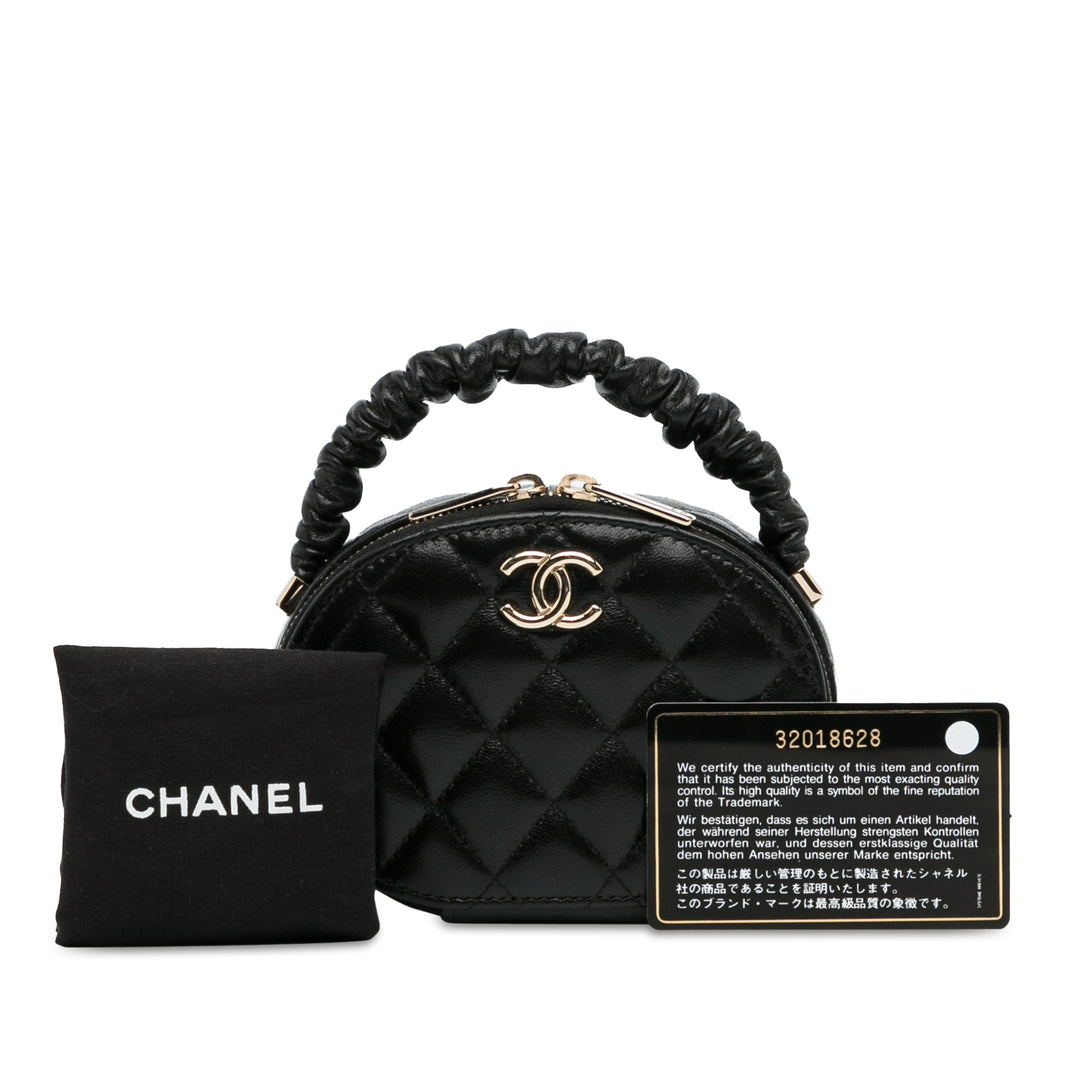 CC Lambskin Ruched Oval Top Handle Bag Black - Gaby Paris