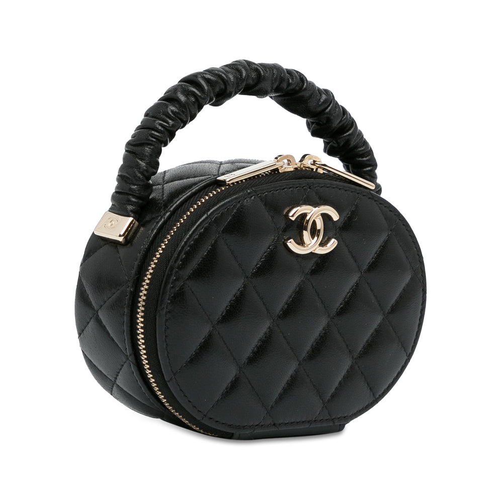 CC Lambskin Ruched Oval Top Handle Bag Black - Gaby Paris