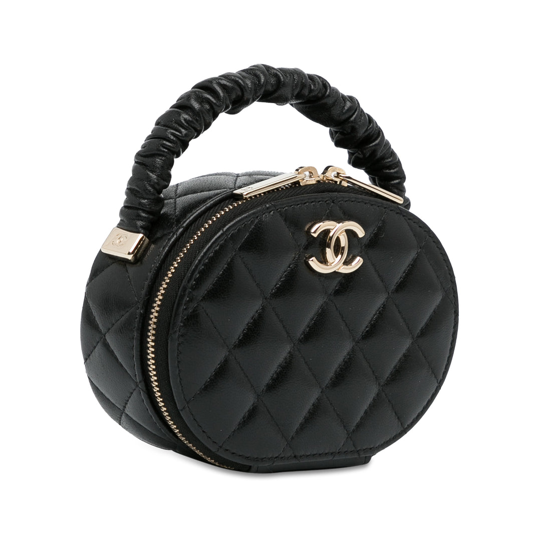 CC Lambskin Ruched Oval Top Handle Bag Black - Gaby Paris