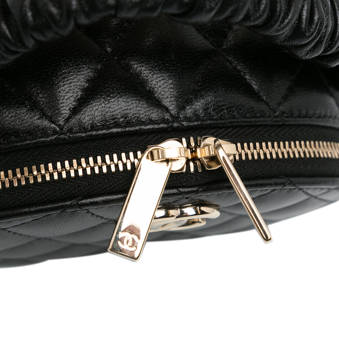 CC Lambskin Ruched Oval Top Handle Bag Black - Gaby Paris