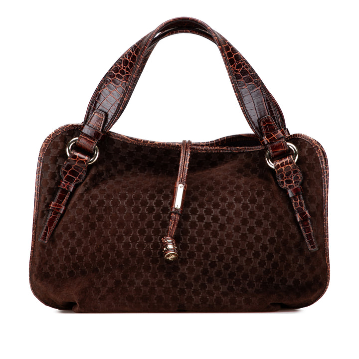 Celine Macadam Daim and Croc Embossed Cuir Bittersweet Hobo Marron
