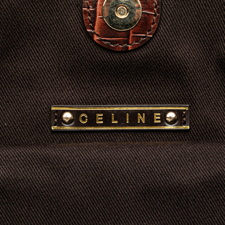 Celine Macadam Daim and Croc Embossed Cuir Bittersweet Hobo Marron