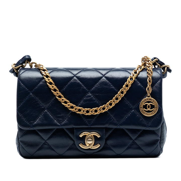 Chanel CC Quilted Cuir d’agneau Coin Chain Flap Bleu