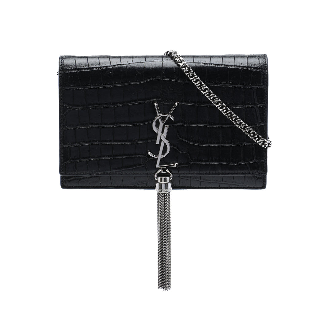 Croc embossé Kate Pompon Wallet on Chain Noir