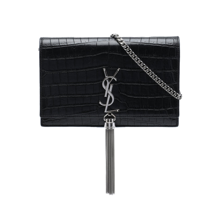 Croc embossé Kate Pompon Wallet on Chain Noir