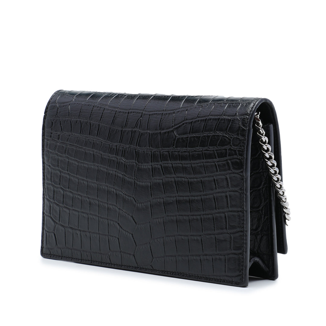 Croc embossé Kate Pompon Wallet on Chain Noir
