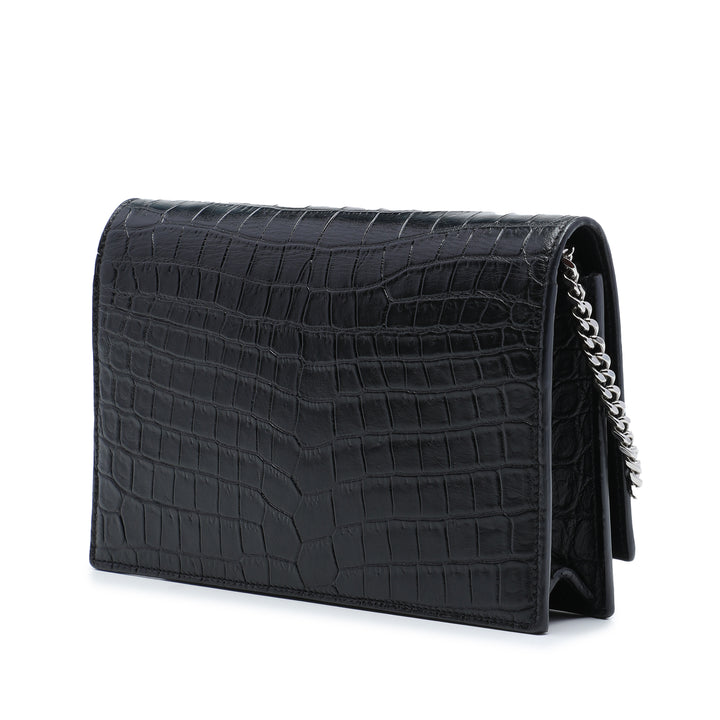 Croc embossé Kate Pompon Wallet on Chain Noir