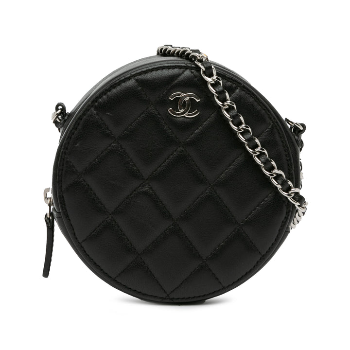 CC Quilted Lambskin Round Clutch with Chain Black - Gaby Paris