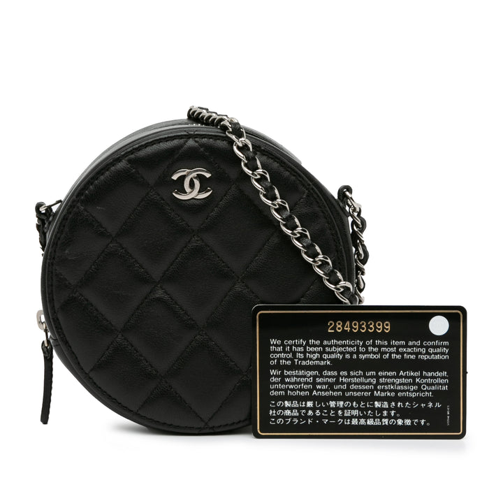 CC Quilted Lambskin Round Clutch with Chain Black - Gaby Paris