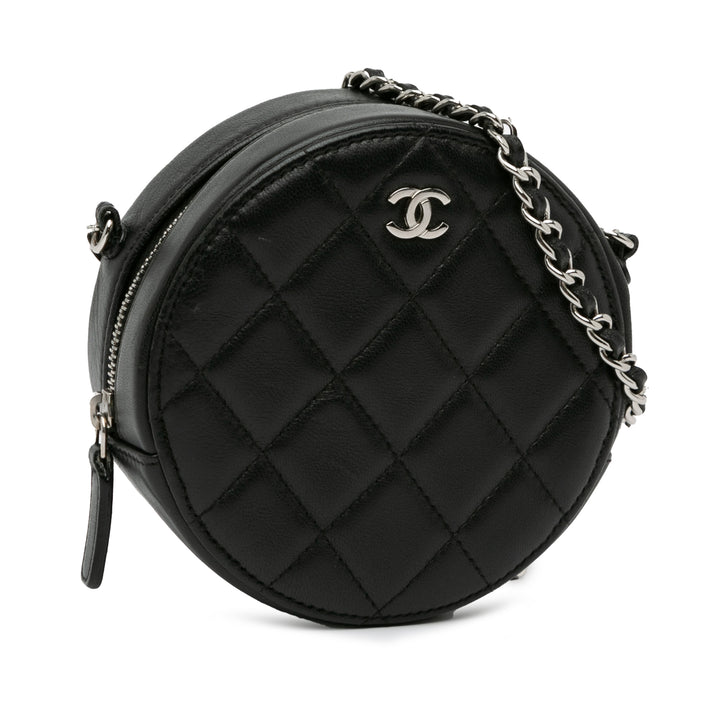 CC Quilted Lambskin Round Clutch with Chain Black - Gaby Paris