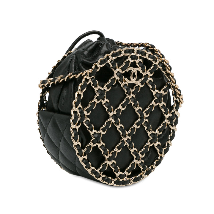 Lambskin Round Caged Chain Around Crossbody Black - Gaby Paris