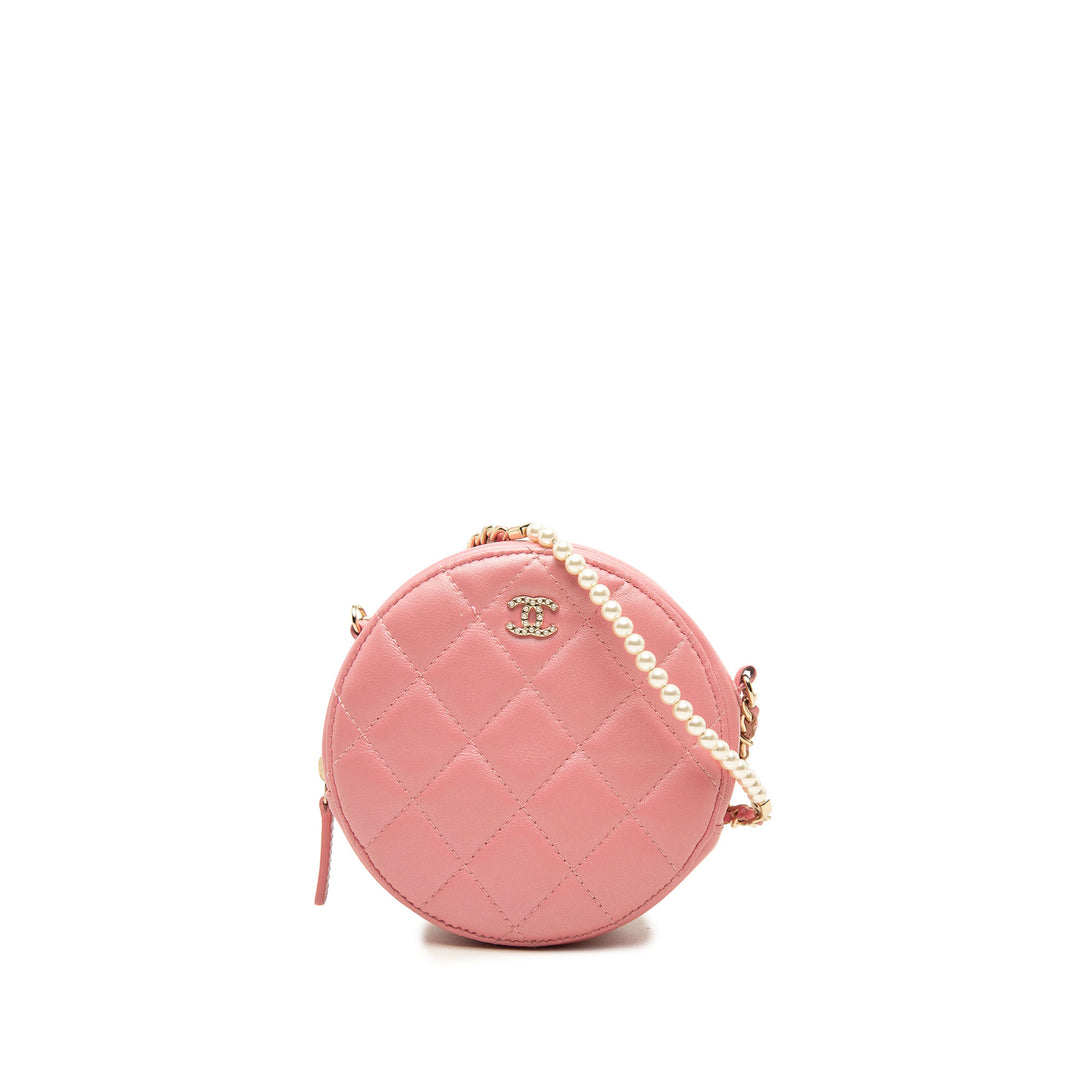 Chanel Pochette Matelassé Rond Perle avec chaîne Cuir d'agneau Rose – vue principale – GABY PARIS